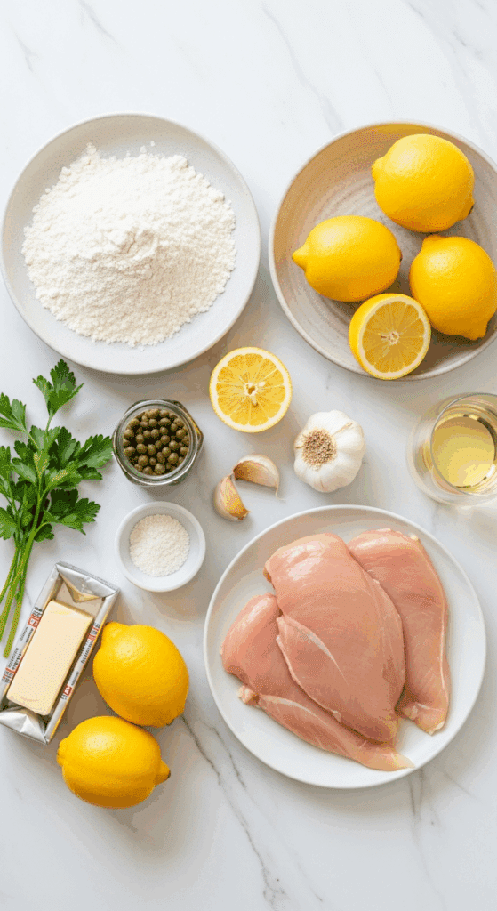 Overhead view of ingredients for chicken piccata: raw chicken, flour, fresh lemons, capers, butter, garlic, parsley, and white wine on a marble counter.