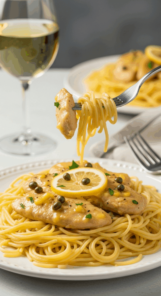 A plate of chicken piccata served over angel hair pasta, with a fork lifting a bite of chicken and noodles, set in an elegant dinner atmosphere.