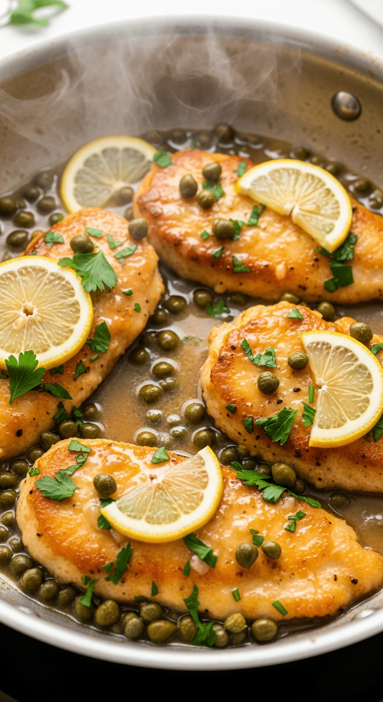 A close-up photograph of golden-brown chicken piccata cutlets in a skillet, covered in a glossy lemon butter sauce with capers and fresh parsley.