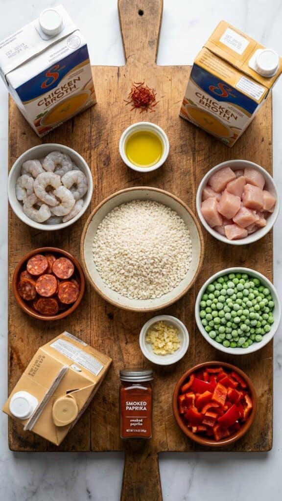 Overhead view of ingredients for quick paella: short-grain rice, shrimp, chorizo, chicken, peas, peppers, broth, and spices arranged on a wooden board.