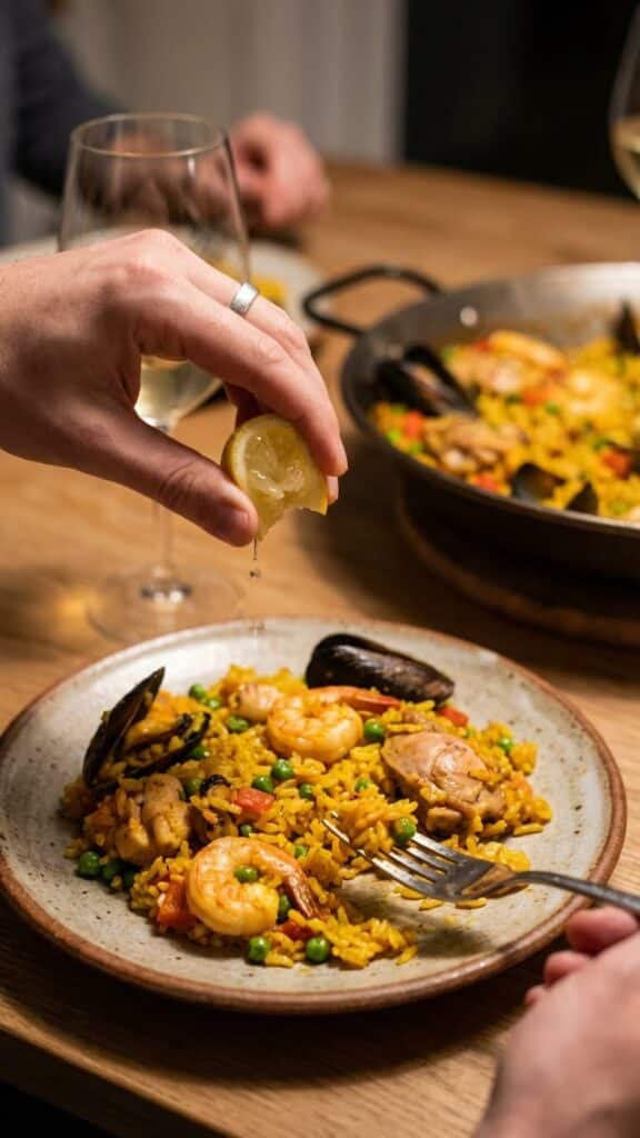 A plate of quick paella with a hand squeezing a lemon wedge over it, set in a casual dinner atmosphere with wine in the background.