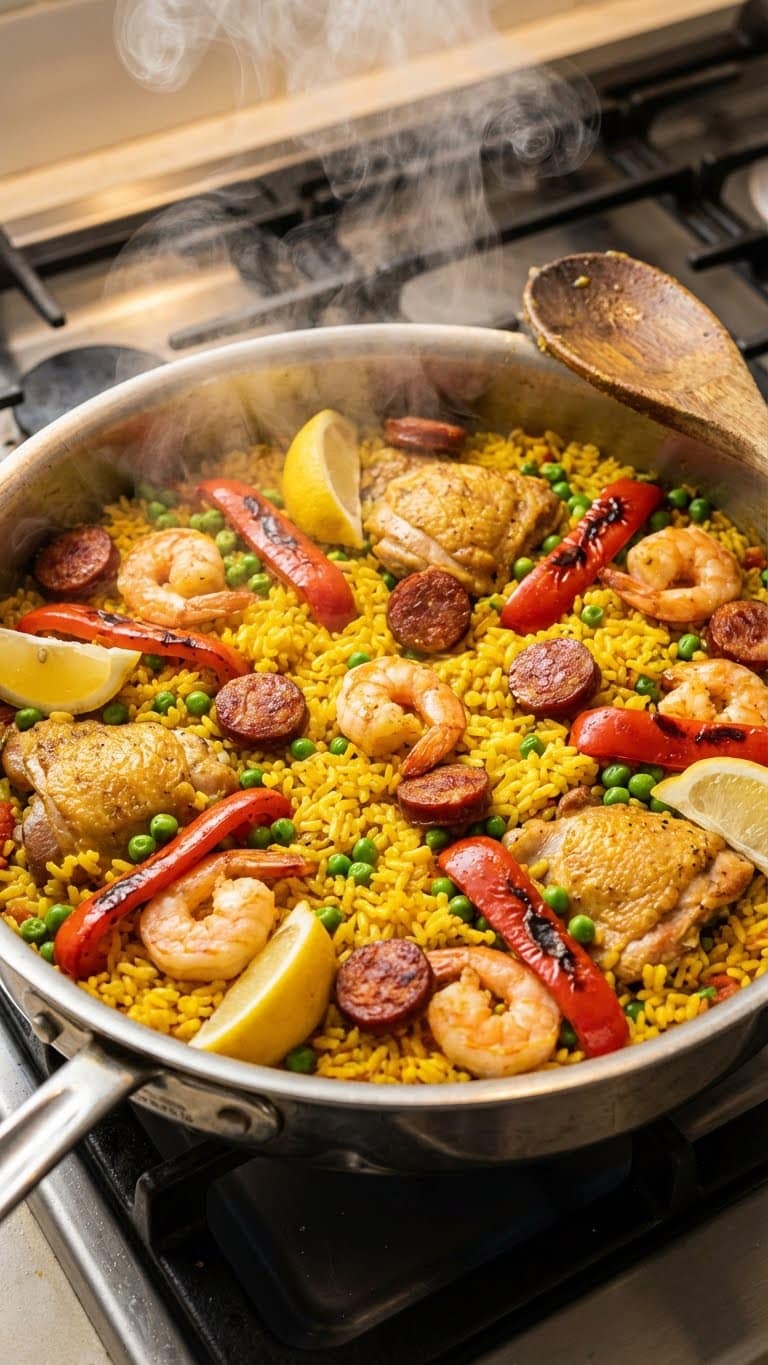 A close-up photograph of a large skillet filled with colorful quick paella, featuring yellow rice, shrimp, chorizo, chicken, and vegetables, with steam rising.