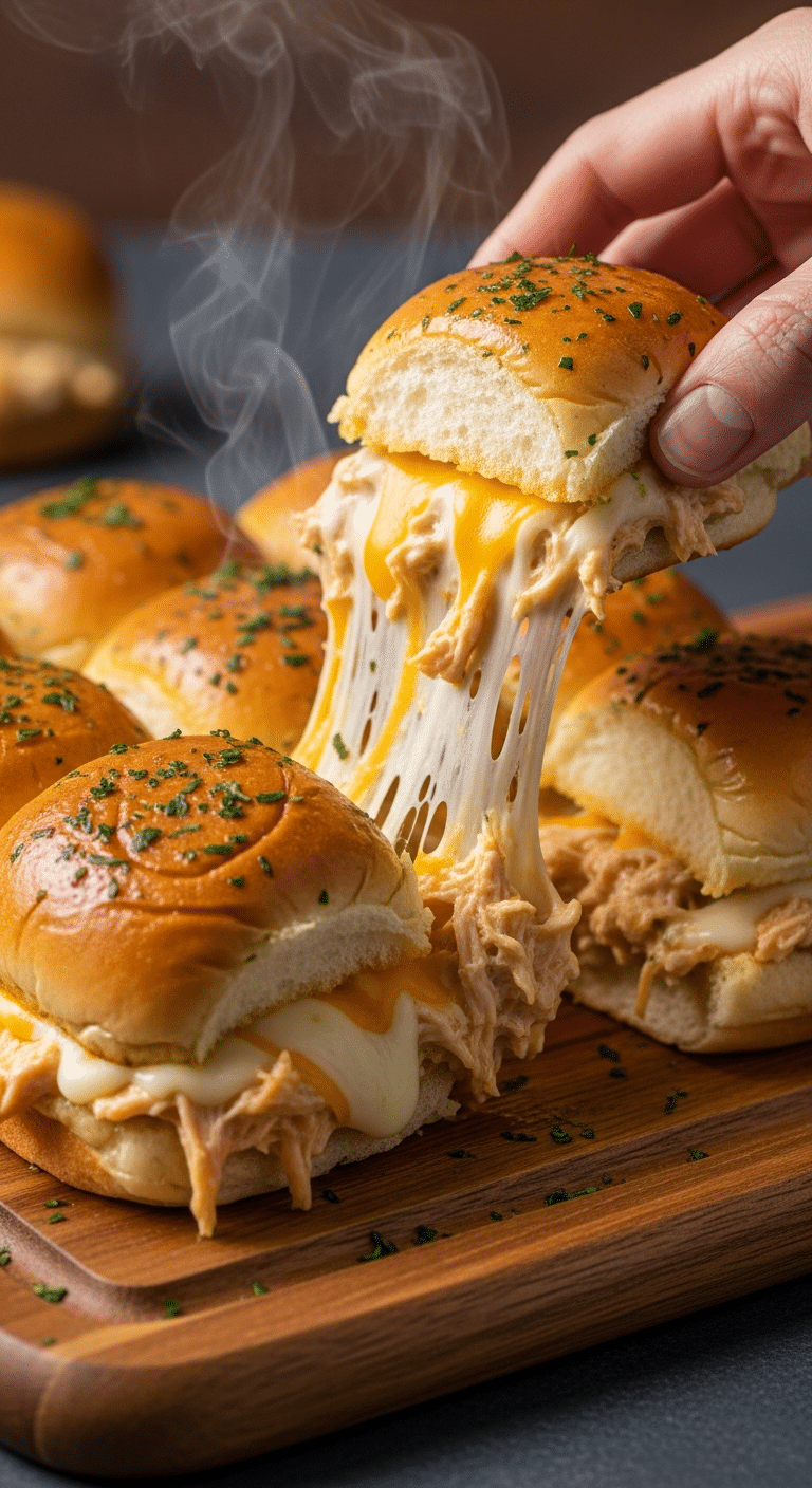 A close-up photograph of a batch of golden-brown baked ranch chicken sliders, with one being pulled away to show a gooey cheese pull and creamy chicken filling.