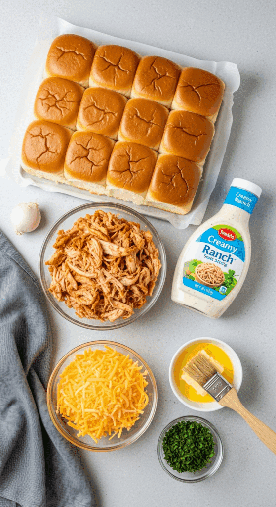 Overhead view of ingredients for ranch chicken sliders: Hawaiian rolls, shredded chicken, ranch dressing, shredded cheese, butter, and parsley on a counter.
