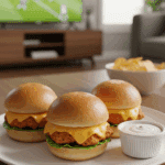 A plate of three ranch chicken sliders served with a side of ranch dip on a coffee table, in a casual game day setting.