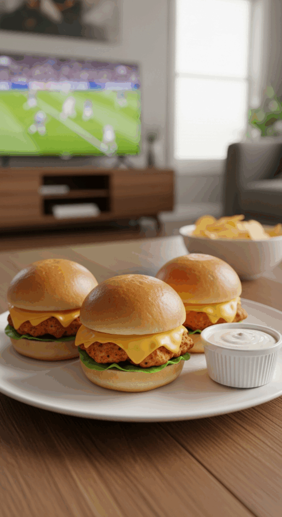 A plate of three ranch chicken sliders served with a side of ranch dip on a coffee table, in a casual game day setting.