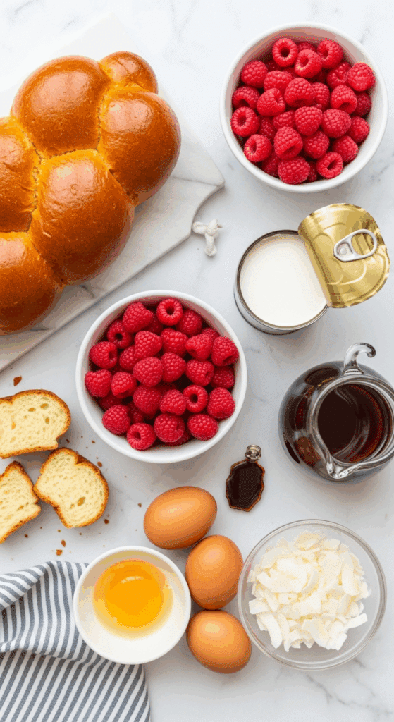 Overhead view of ingredients for coconut French toast: brioche bread, raspberries, coconut milk, shredded coconut, eggs, and syrup on a marble counter.