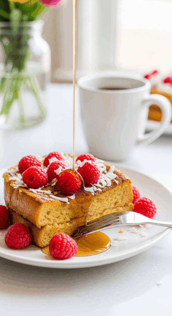 A plate of warm raspberry coconut French toast with syrup being poured over it, set on a sunny breakfast table with coffee.