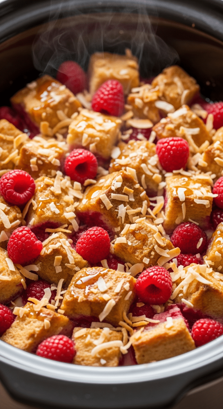 A close-up view inside a slow cooker filled with golden French toast casserole, dotted with fresh raspberries and toasted coconut, drizzled with syrup.