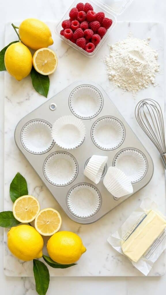 Baking ingredients for lemon raspberry cupcakes including fresh lemons, raspberries, flour, and butter on marble.