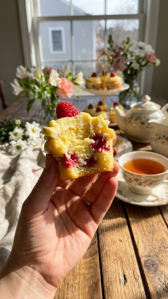 A hand holding a bitten lemon raspberry cupcake showing the fluffy texture and fruit inside.
