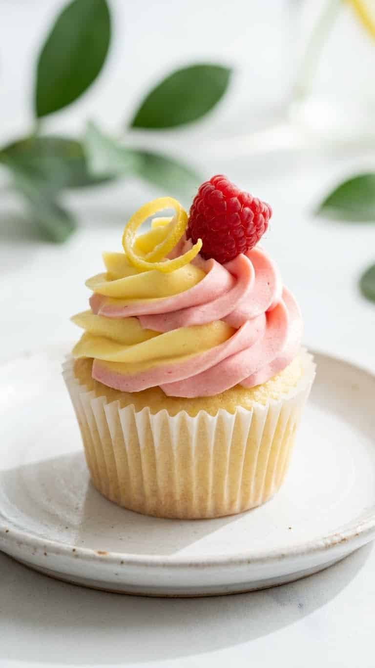 A lemon cupcake topped with a two-tone pink and yellow frosting swirl and fresh raspberry.