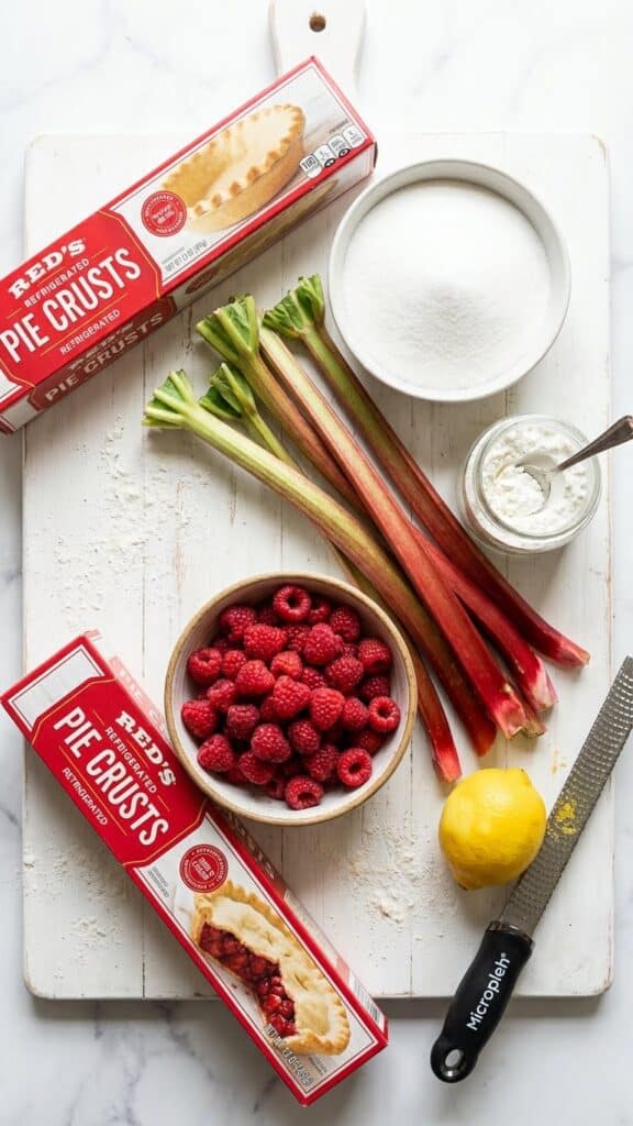 Ingredients for slab pie including rhubarb stalks, raspberries, pie crust boxes, and sugar.