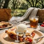 A square slice of raspberry rhubarb pie served on a plate with vanilla ice cream.