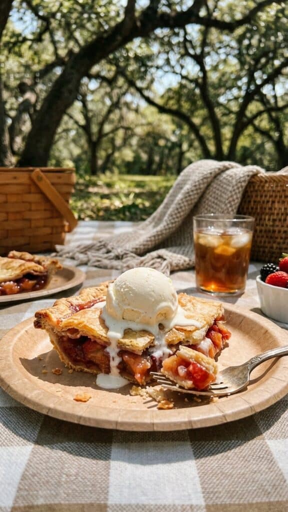 A square slice of raspberry rhubarb pie served on a plate with vanilla ice cream.