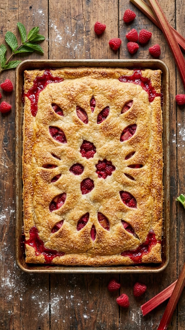 A rectangular slab pie filled with raspberry and rhubarb bubbling through a golden crust.