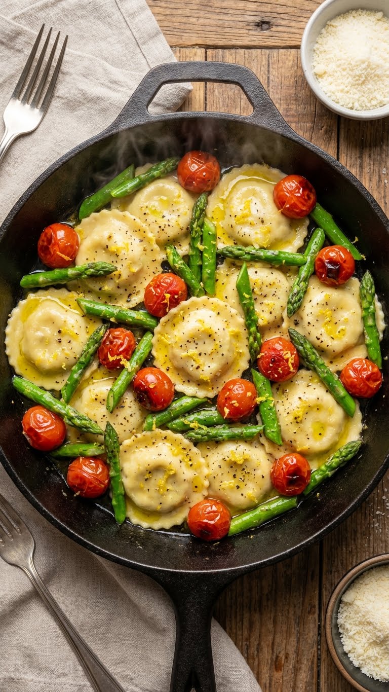 A skillet of cheese ravioli with sautéed asparagus and blistered cherry tomatoes.