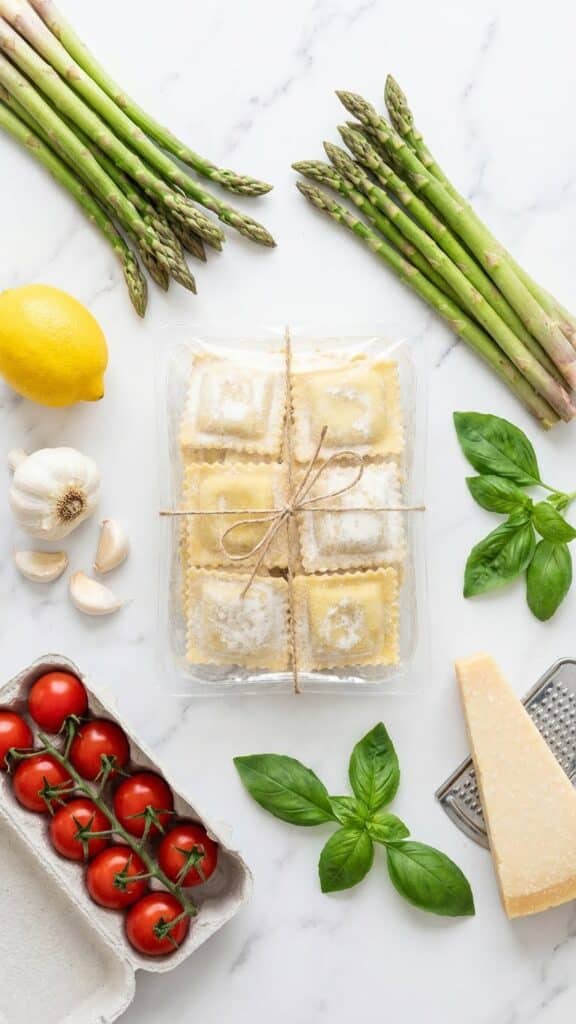 Ingredients for ravioli including fresh pasta, asparagus, tomatoes, lemon, and basil.