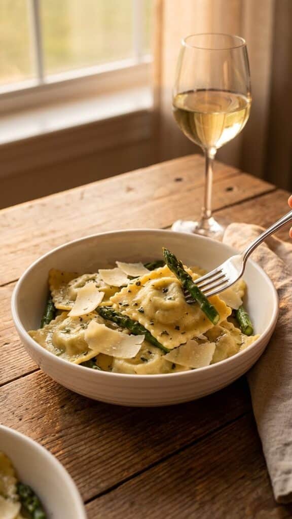 A bowl of asparagus and tomato ravioli served with white wine.