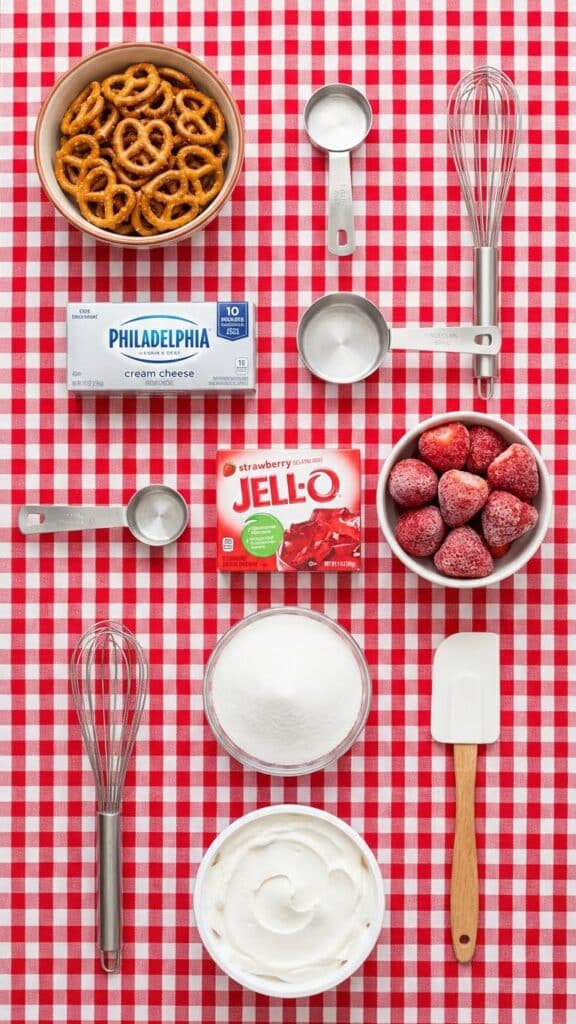 Flat lay of ingredients for pretzel salad including pretzels and strawberry Jell-O.