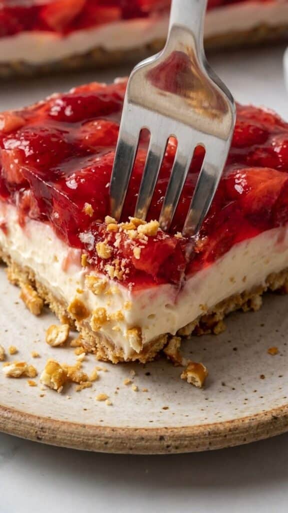Close-up of a fork breaking through the pretzel crust of a strawberry dessert.
