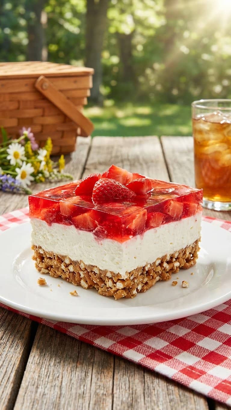 Slice of strawberry pretzel salad showing pretzel, cream cheese, and Jell-O layers.