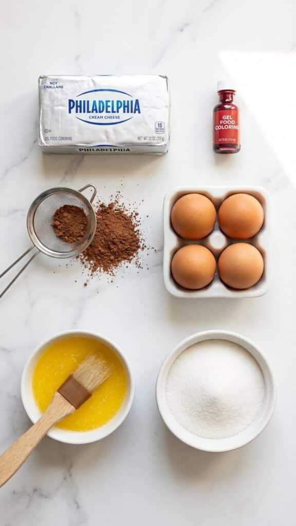 Flat lay of ingredients for red velvet brownies including red food coloring and cream cheese.