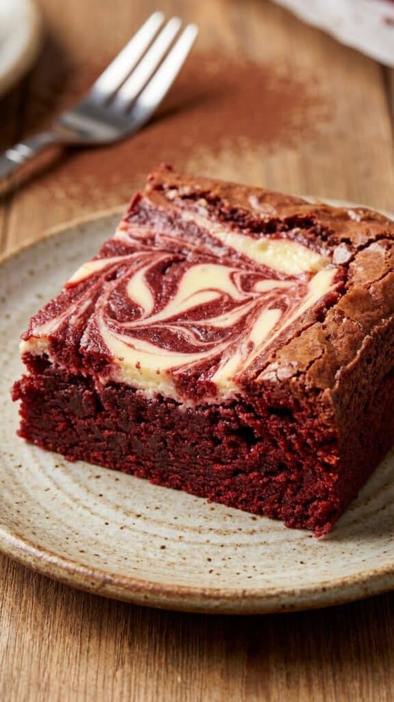 Close-up of a moist red velvet brownie texture.