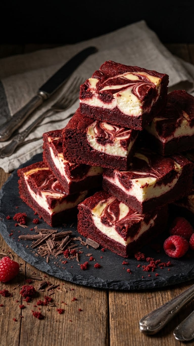 Stack of red velvet brownies with white cheesecake swirls.