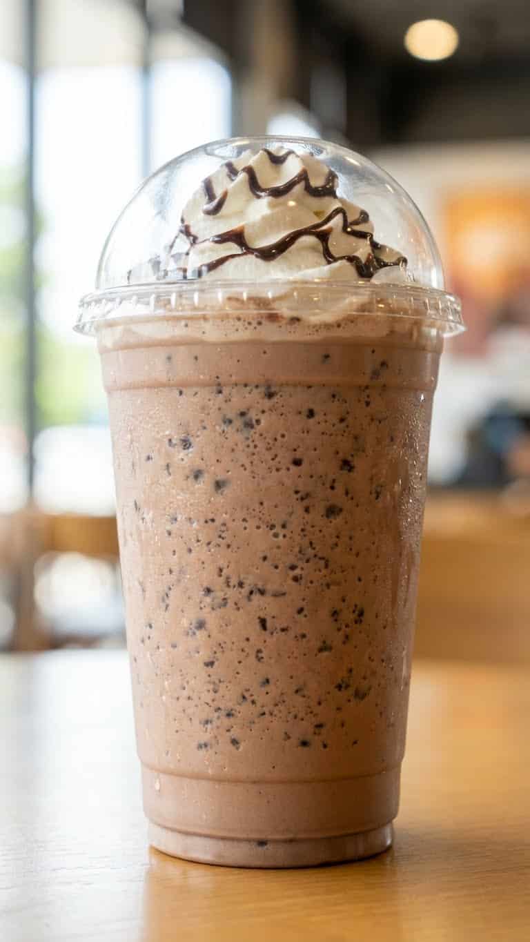 A homemade double chocolate chip frappuccino with whipped cream and chocolate drizzle.