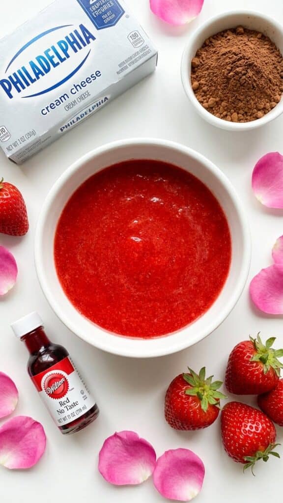 Ingredients for strawberry red velvet cheesecake including puree, cocoa, and cream cheese.