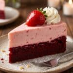 A whole strawberry red velvet cheesecake served at a romantic dinner with champagne.
