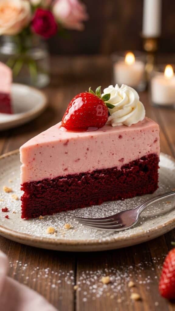 A whole strawberry red velvet cheesecake served at a romantic dinner with champagne.