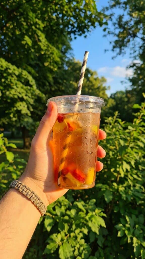A hand holding a cold chocolate frappuccino drink outdoors on a sunny day.