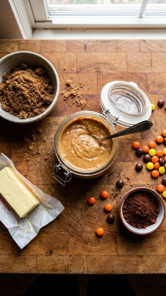 Ingredients for peanut butter cupcakes including brown sugar, peanut butter, and cocoa.