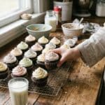 A cooling rack of peanut butter chocolate cupcakes with a glass of milk.