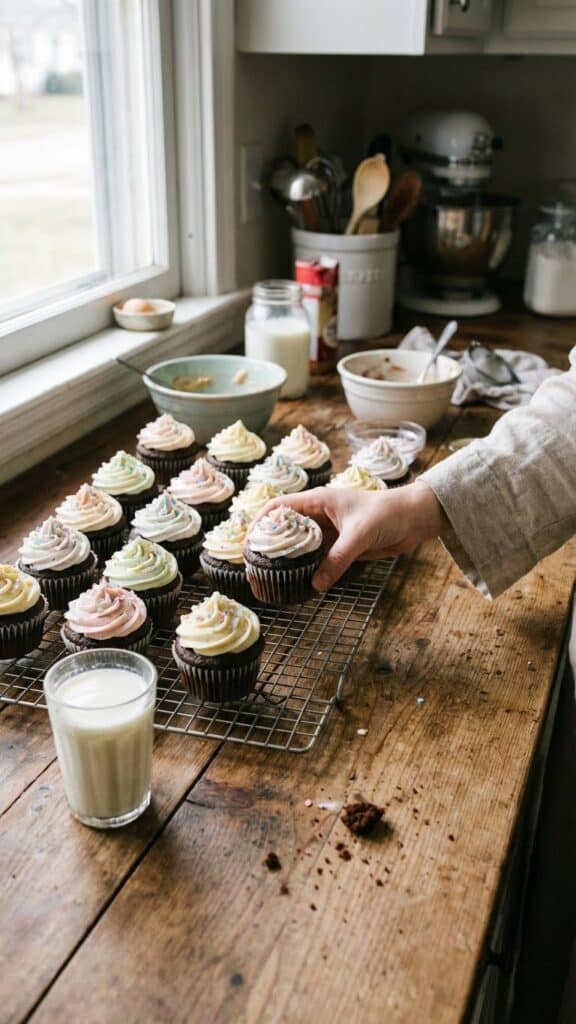 A cooling rack of peanut butter chocolate cupcakes with a glass of milk.