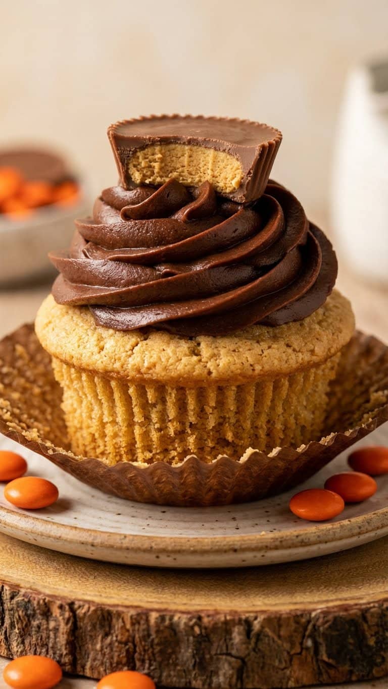 A golden peanut butter cupcake topped with dark chocolate frosting and Reese's candy.