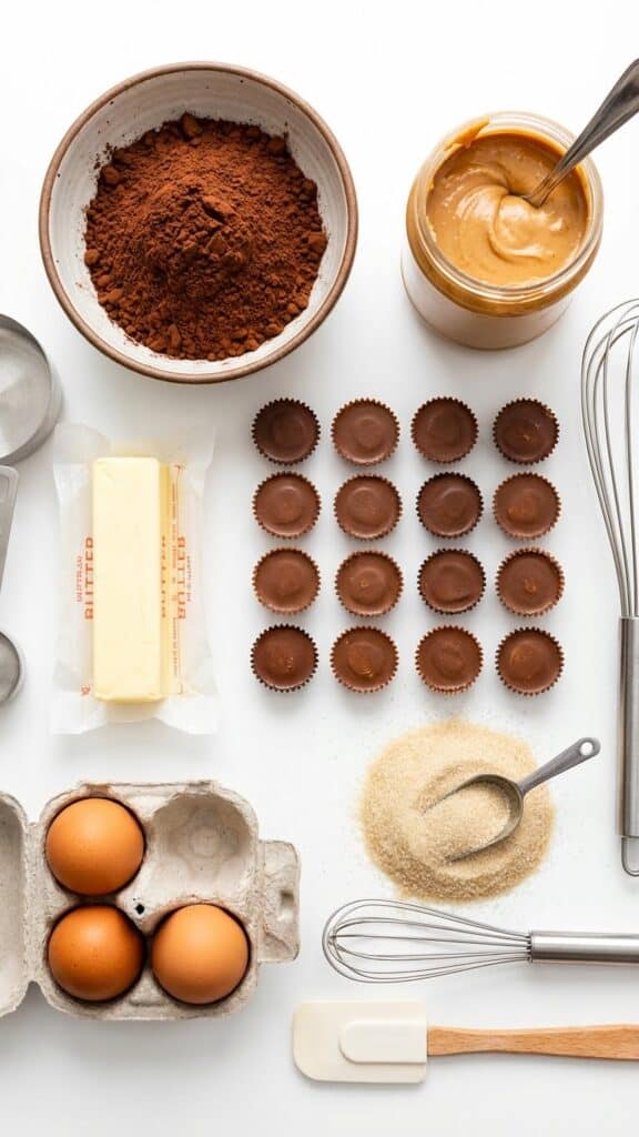 Flat lay of ingredients for peanut butter cup brownies including Reese's cups, cocoa, and peanut butter.