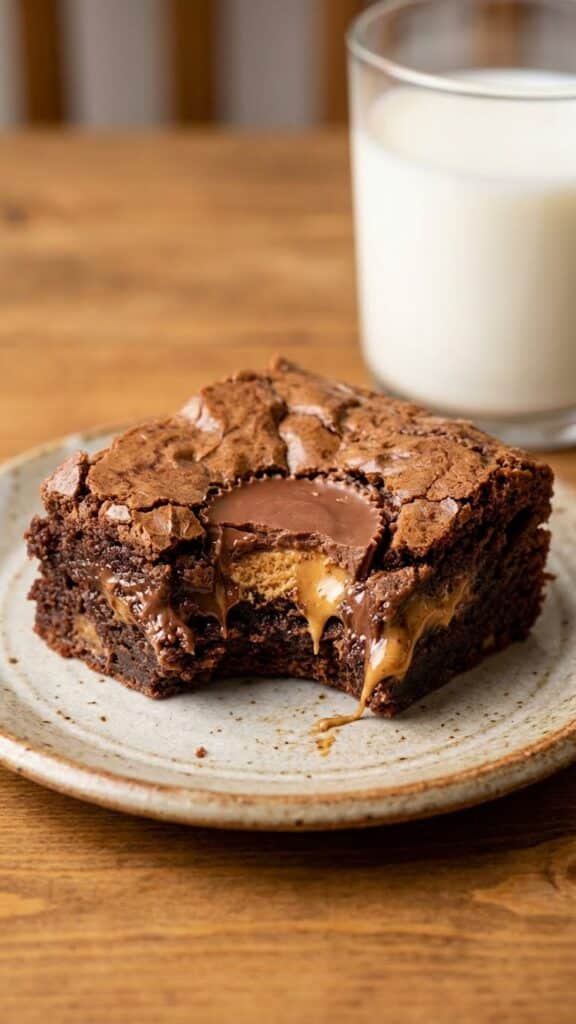 Close-up of a bitten Reese's brownie showing the soft peanut butter cup inside.