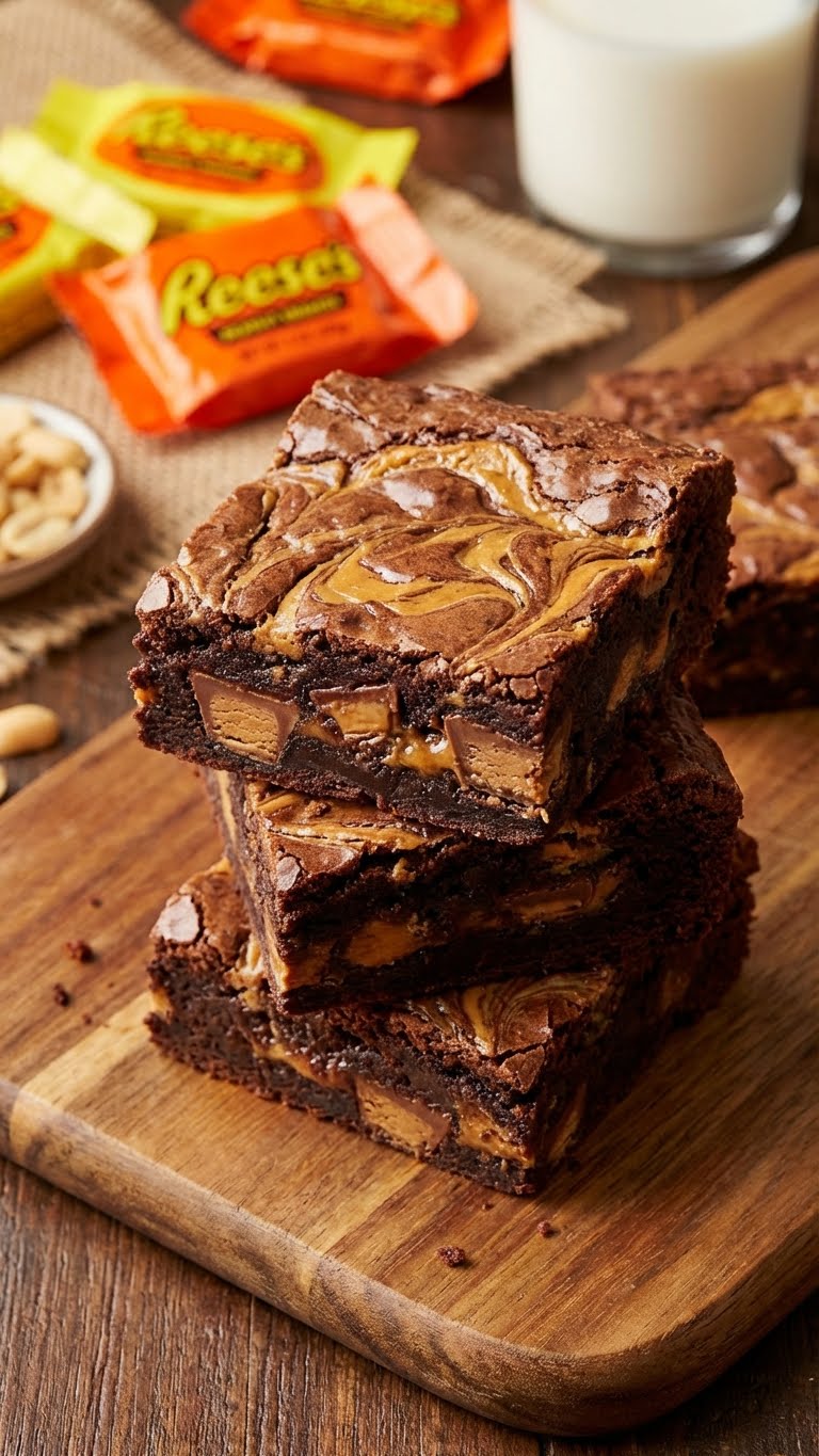A stack of fudgy brownies filled with chopped Reese's peanut butter cups and swirled with peanut butter.