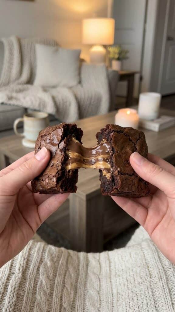 A close-up of hands pulling apart a warm Reese's brownie, showing a gooey, stretchy melt of chocolate and peanut butter in the center.
