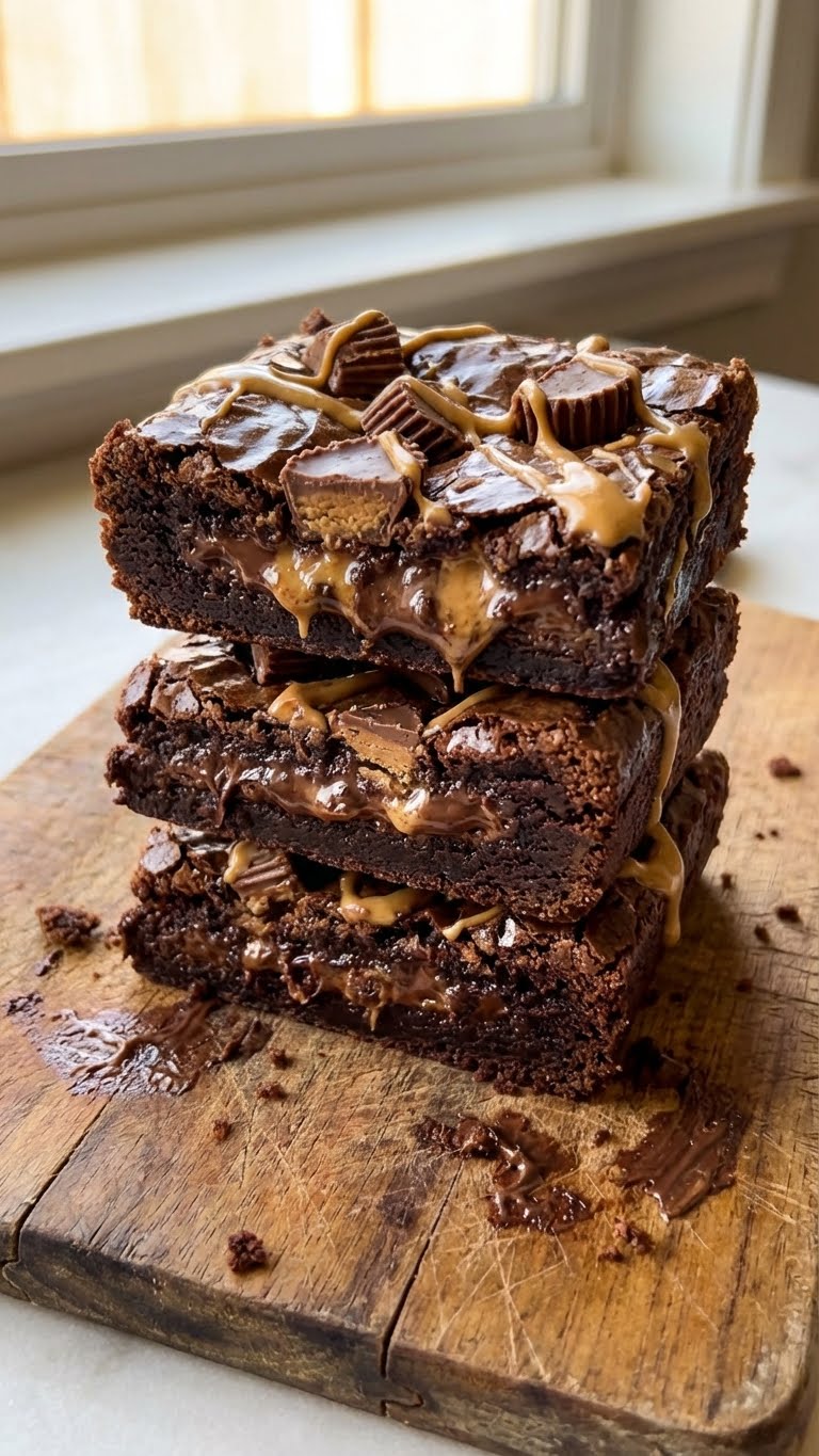 A stack of fudgy brownies cut open to reveal a thick layer of melted Reese's peanut butter cups inside, topped with peanut butter drizzle and chopped candy.