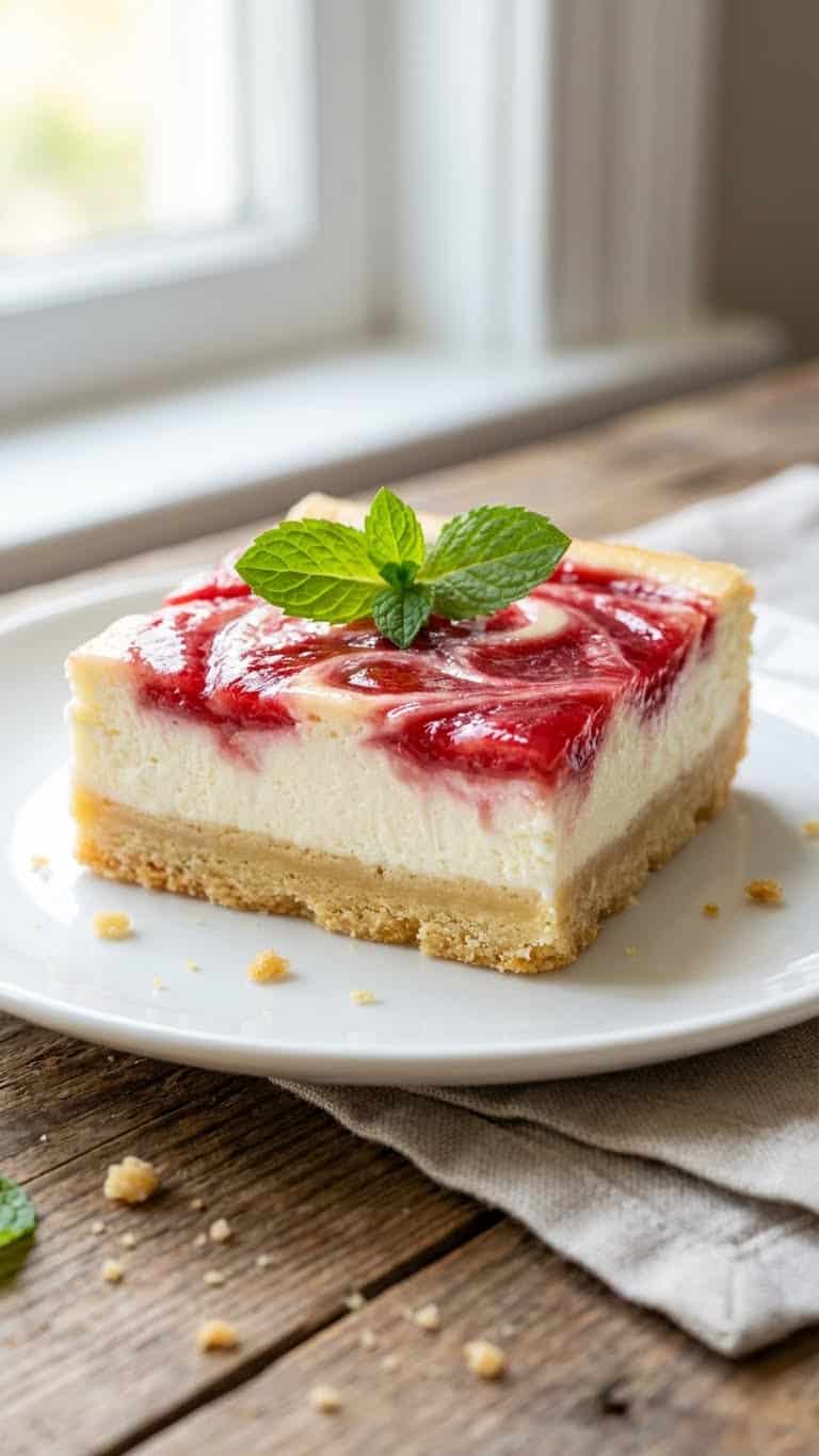 Slice of cheesecake bar with a red rhubarb swirl and shortbread crust.