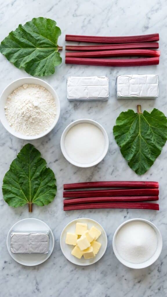 Flat lay of ingredients for rhubarb cheesecake including fresh rhubarb stalks.