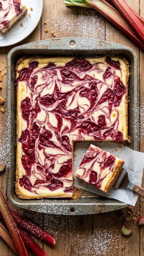 Overhead shot of a pan of swirled rhubarb cheesecake bars.