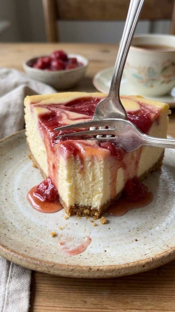 Close-up of a fork taking a bite out of a creamy slice of rhubarb cheesecake.