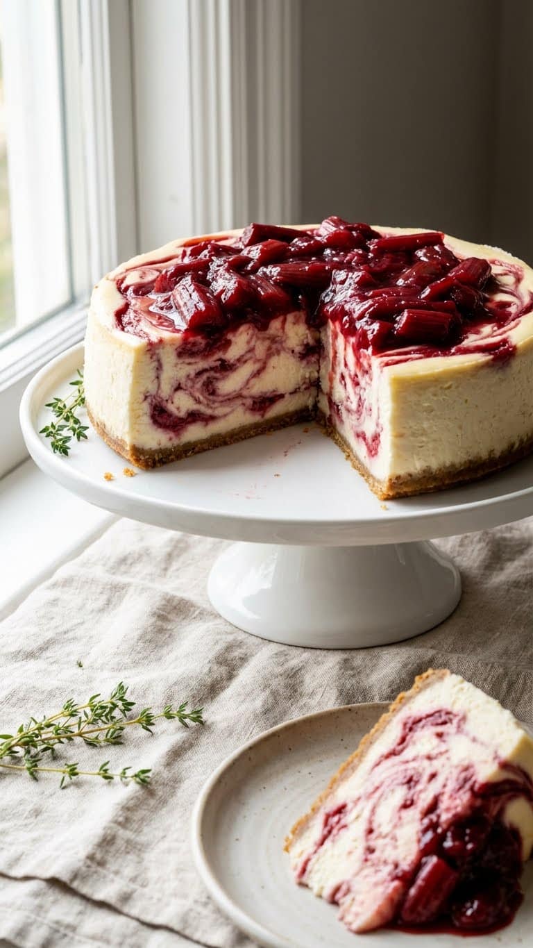 A whole rhubarb swirl cheesecake on a stand with a slice taken out, showing pink swirls and topping.