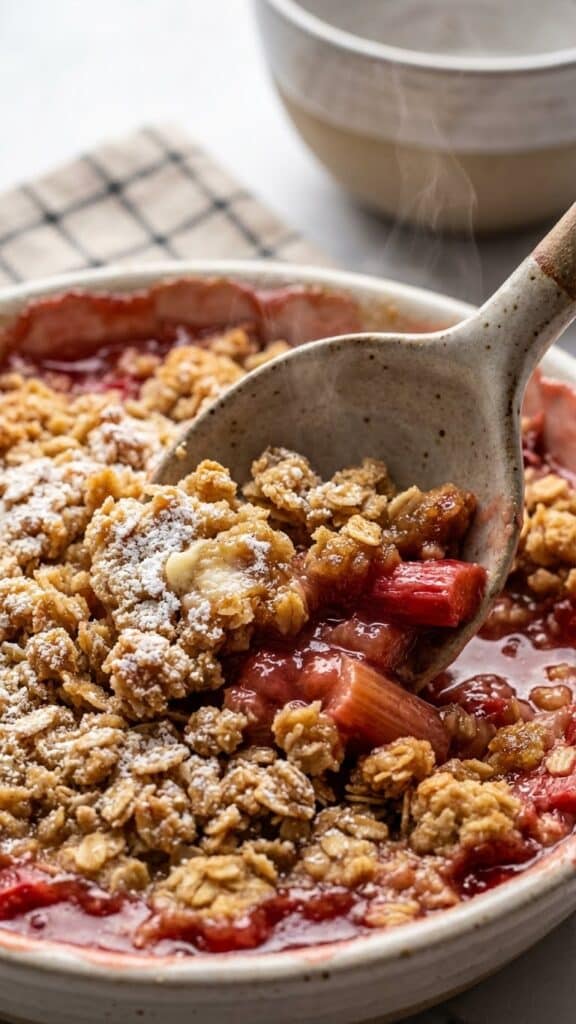 Close-up of a spoon lifting a portion of rhubarb crisp showing the fruit and topping layers.