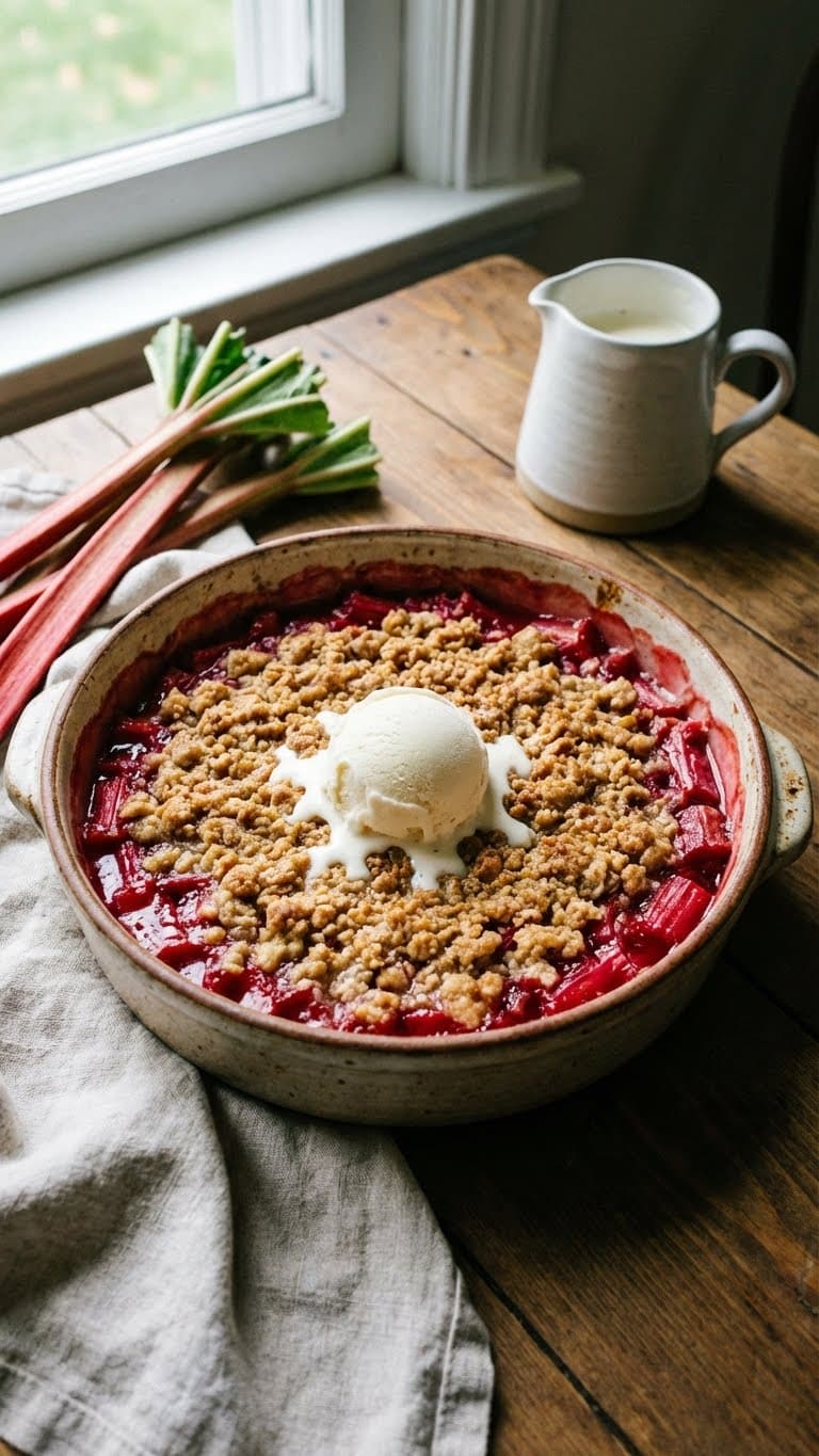 Baked rhubarb crisp in a dish with bubbling pink fruit and a golden oat topping.